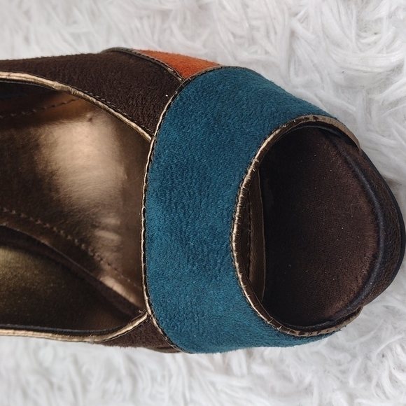 Anne Michelle Flare Brown Multicolored Faux Suede Almond Peep Toe Stiletto Heel - Picture 12 of 16